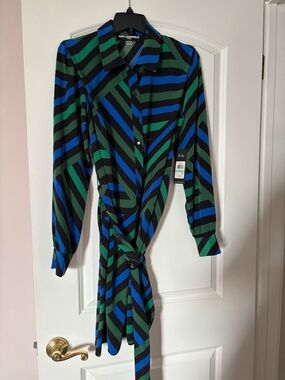 Karl Lagerfeld Black, Blue & Green Striped Tie-Waist Shirt Dress